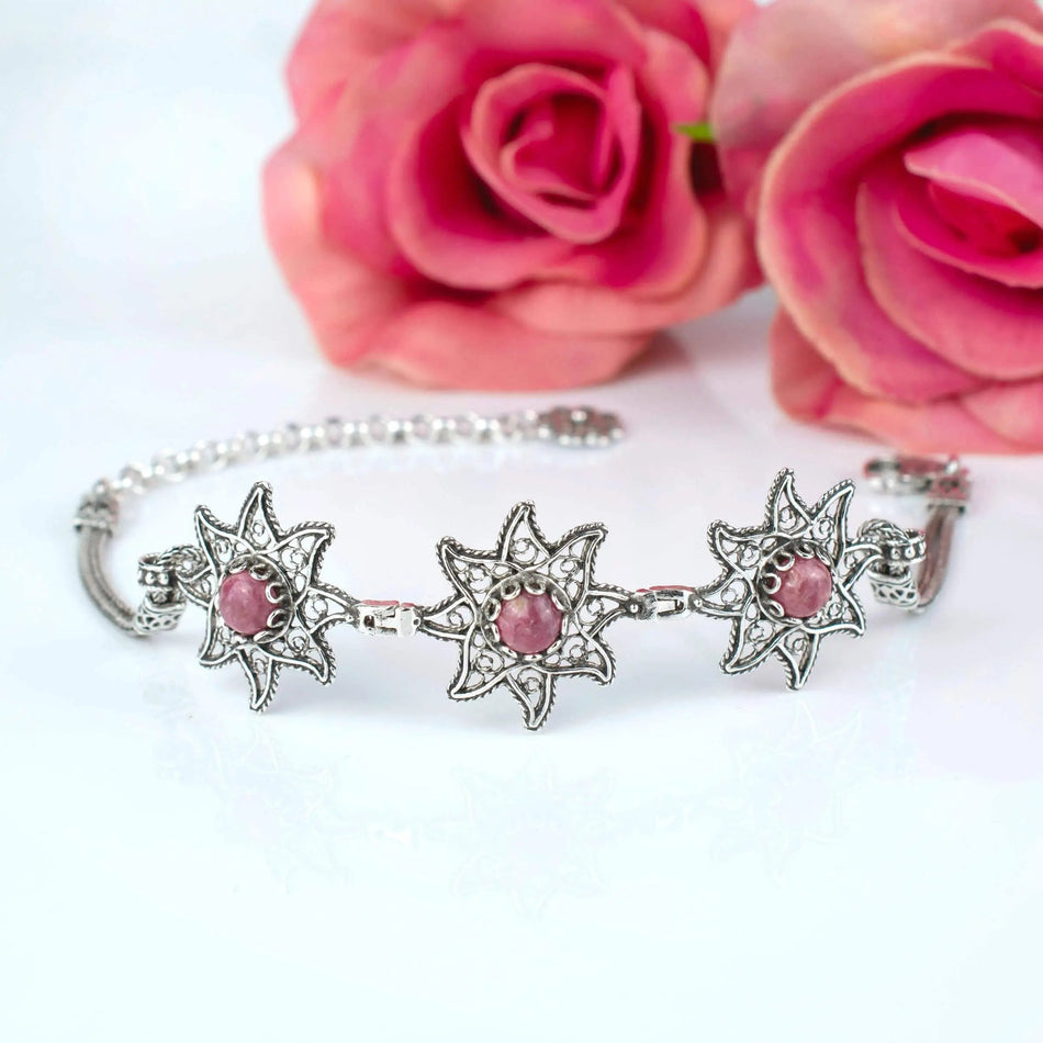 Filigree Art Rhodonite Gemstone Star Figured Women Silver Link Bracelet - Drakoi Marketplace