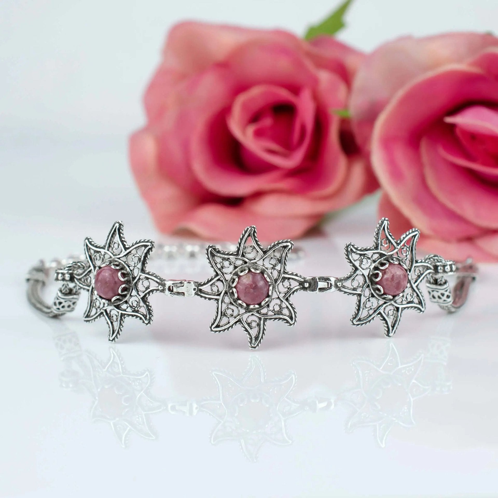 Filigree Art Rhodonite Gemstone Star Figured Women Silver Link Bracelet - Drakoi Marketplace