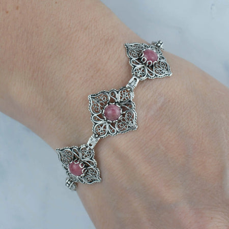 Filigree Art Rhodonite Gemstone Women Adjustable Silver Link Bracelet - Drakoi Marketplace