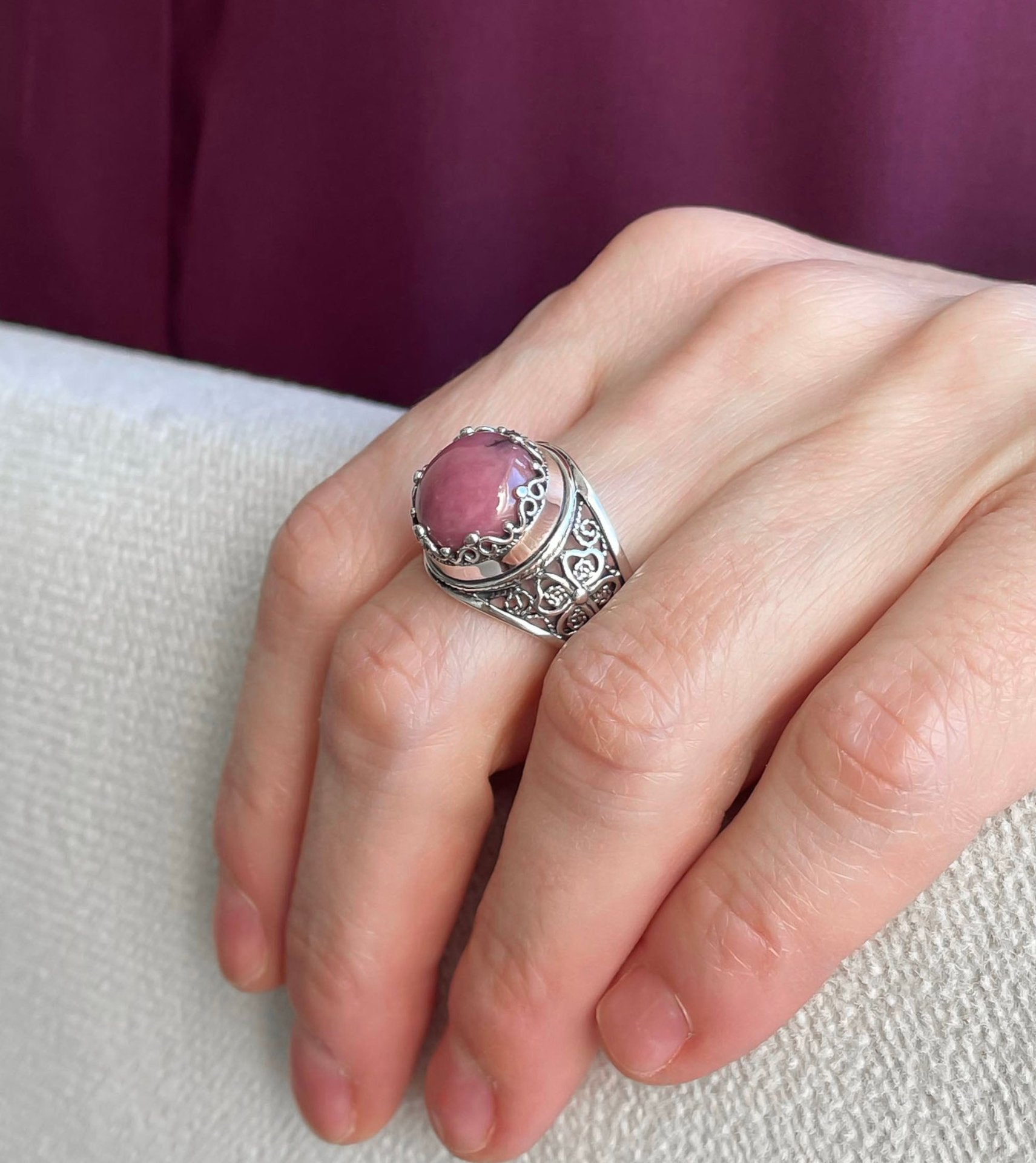 Filigree Art Rhodonite Gemstone Women Crown Silver Statement Ring - Drakoi Marketplace