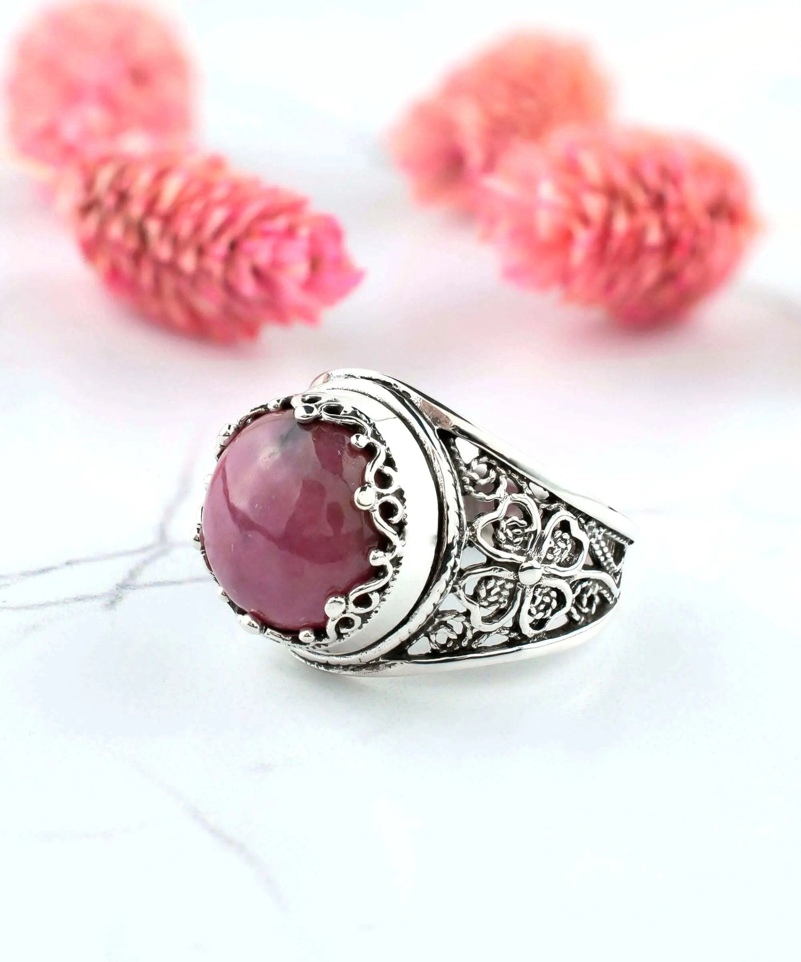 Filigree Art Rhodonite Gemstone Women Crown Silver Statement Ring - Drakoi Marketplace