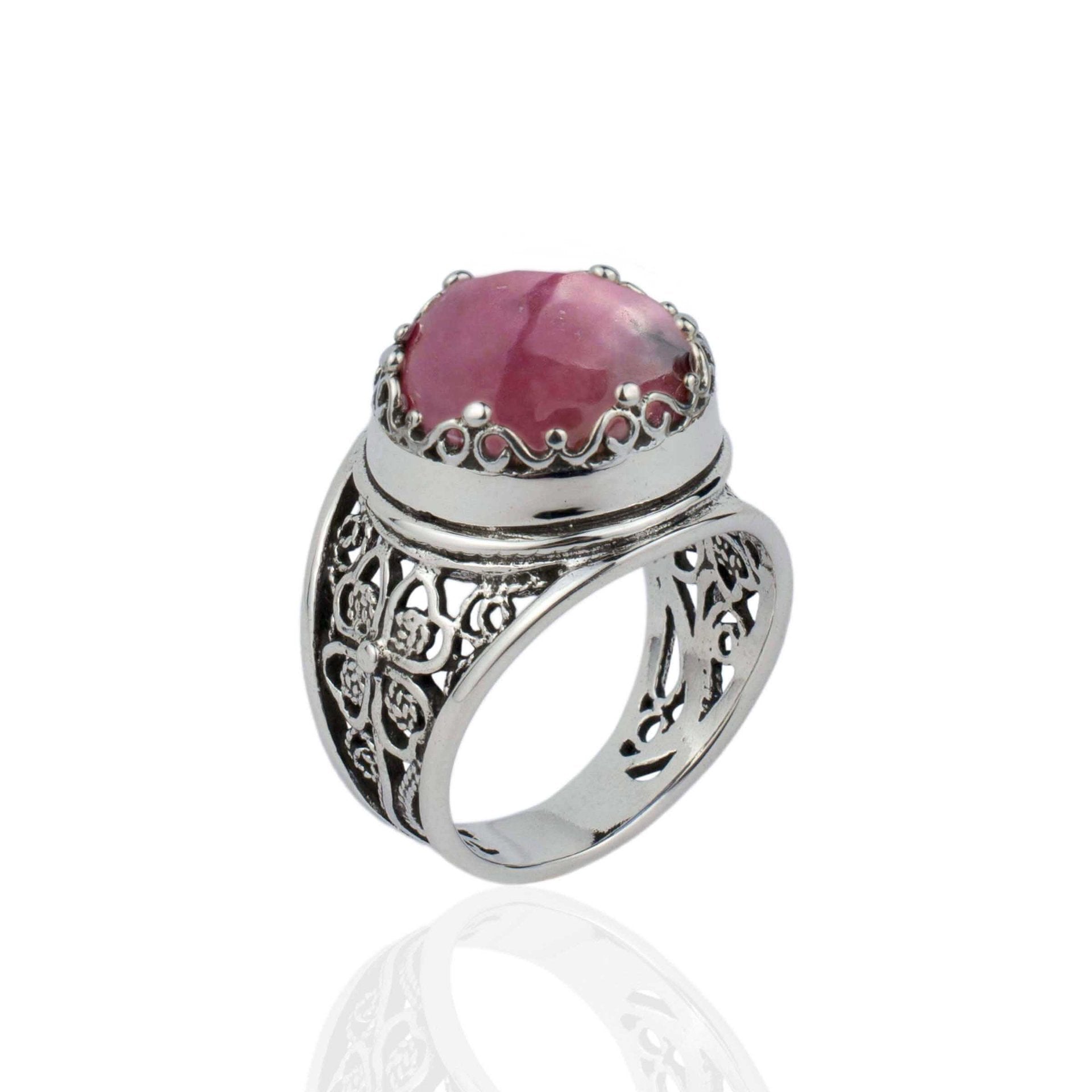 Filigree Art Rhodonite Gemstone Women Crown Silver Statement Ring - Drakoi Marketplace