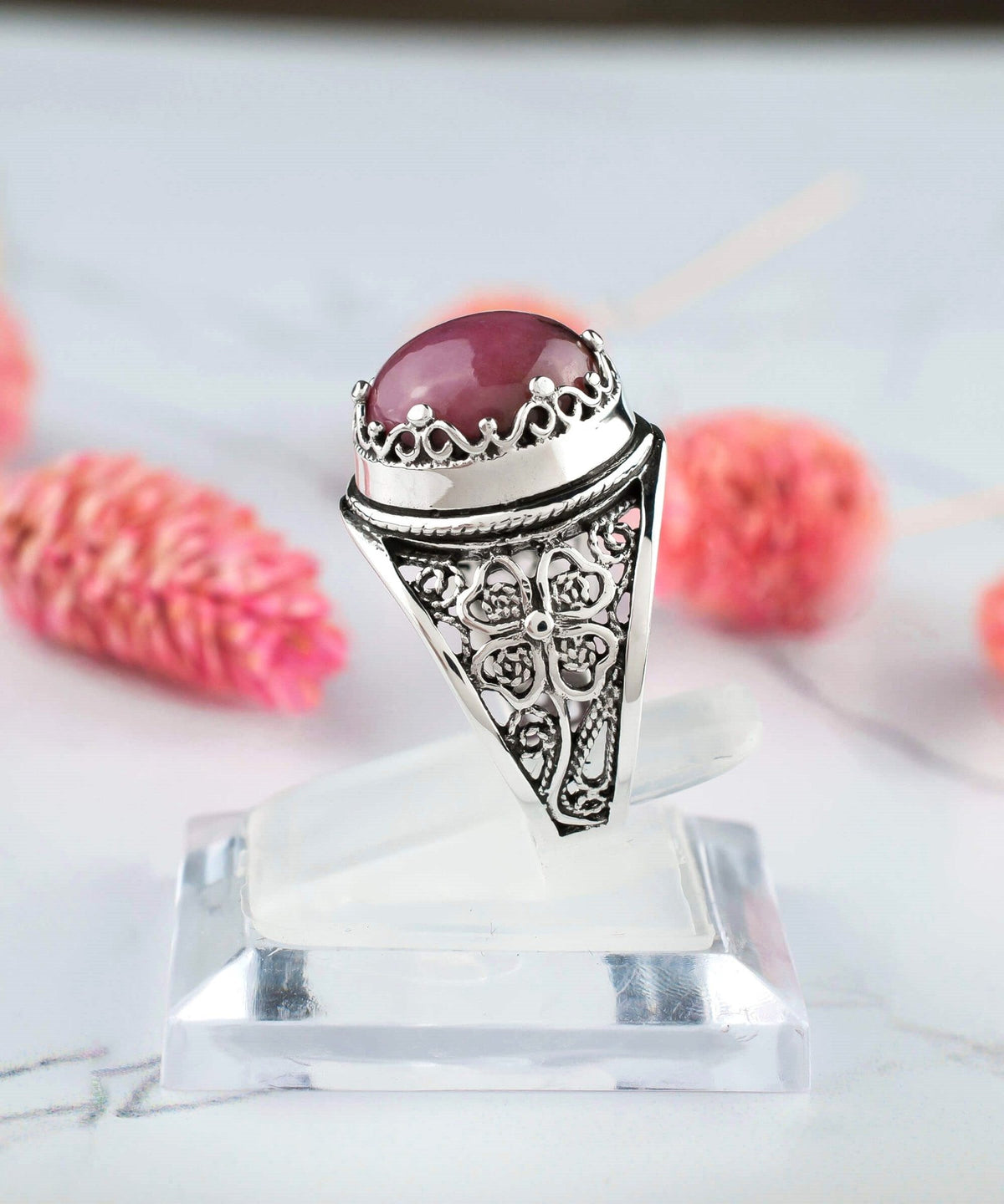 Filigree Art Rhodonite Gemstone Women Crown Silver Statement Ring - Drakoi Marketplace