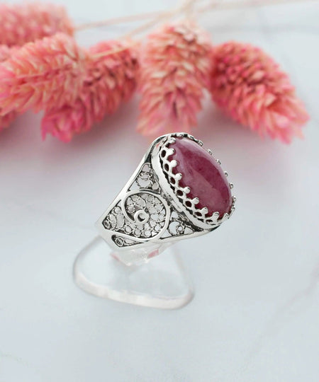 Filigree Art Rhodonite Gemstone Women Oval Silver Cocktail Ring - Drakoi Marketplace