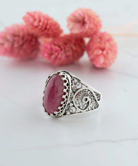 Filigree Art Rhodonite Gemstone Women Oval Silver Cocktail Ring - Drakoi Marketplace