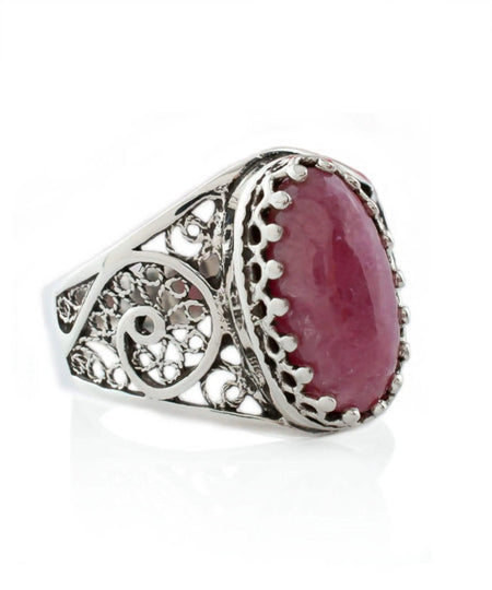 Filigree Art Rhodonite Gemstone Women Oval Silver Cocktail Ring - Drakoi Marketplace