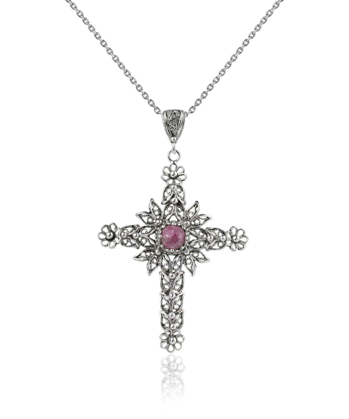 Filigree Art Rhodonite Gemstone Women Silver Cross Pendant Necklace - Drakoi Marketplace