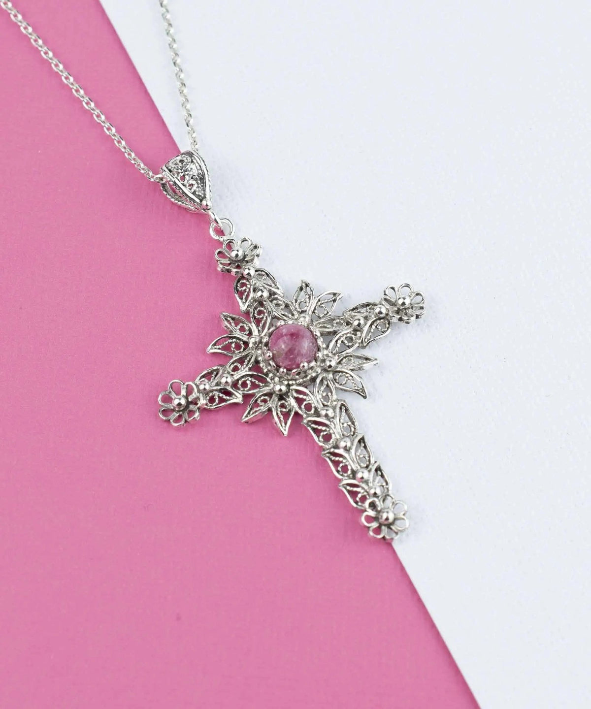 Filigree Art Rhodonite Gemstone Women Silver Cross Pendant Necklace - Drakoi Marketplace