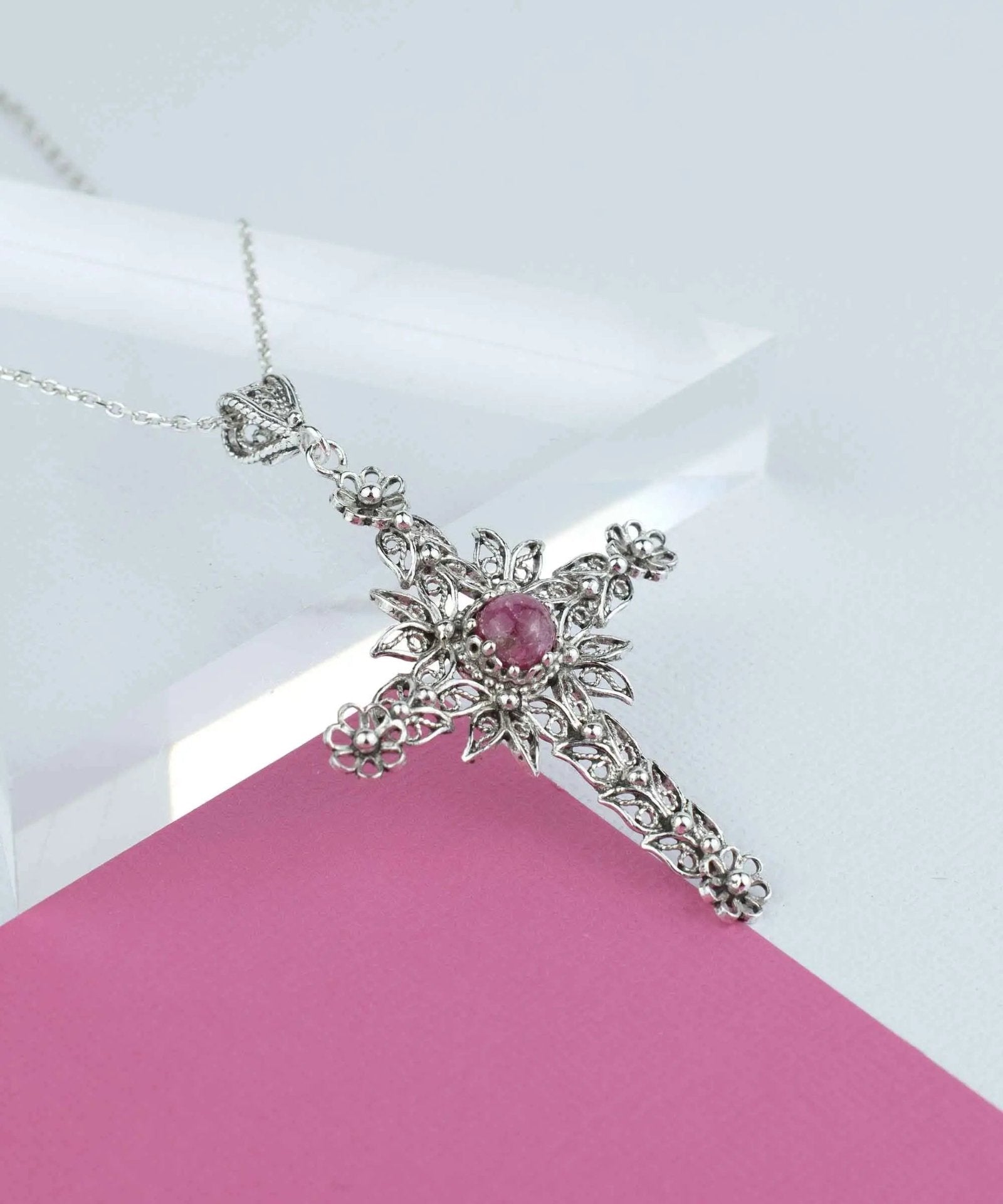 Filigree Art Rhodonite Gemstone Women Silver Cross Pendant Necklace - Drakoi Marketplace