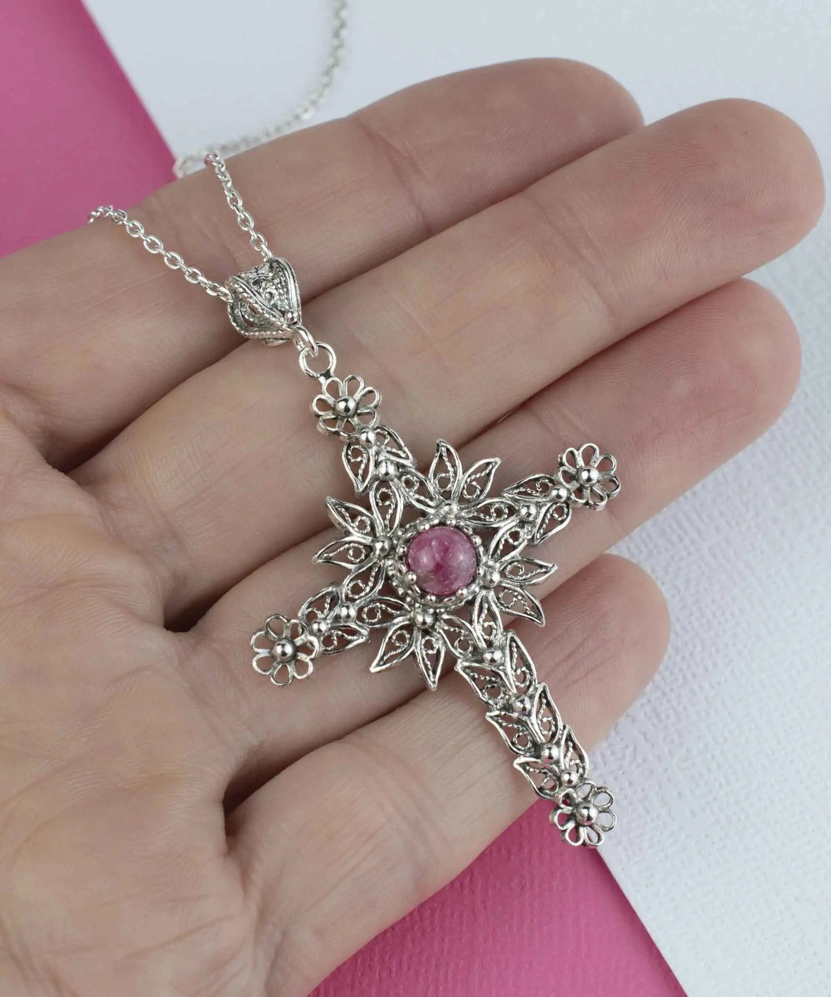 Filigree Art Rhodonite Gemstone Women Silver Cross Pendant Necklace - Drakoi Marketplace