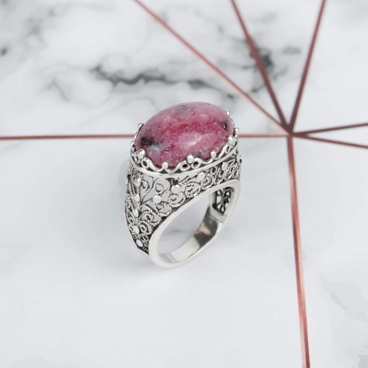 Filigree Art Rhodonite Gemstone Women Silver Dome Statement Ring - Drakoi Marketplace