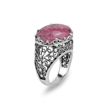 Filigree Art Rhodonite Gemstone Women Silver Dome Statement Ring - Drakoi Marketplace