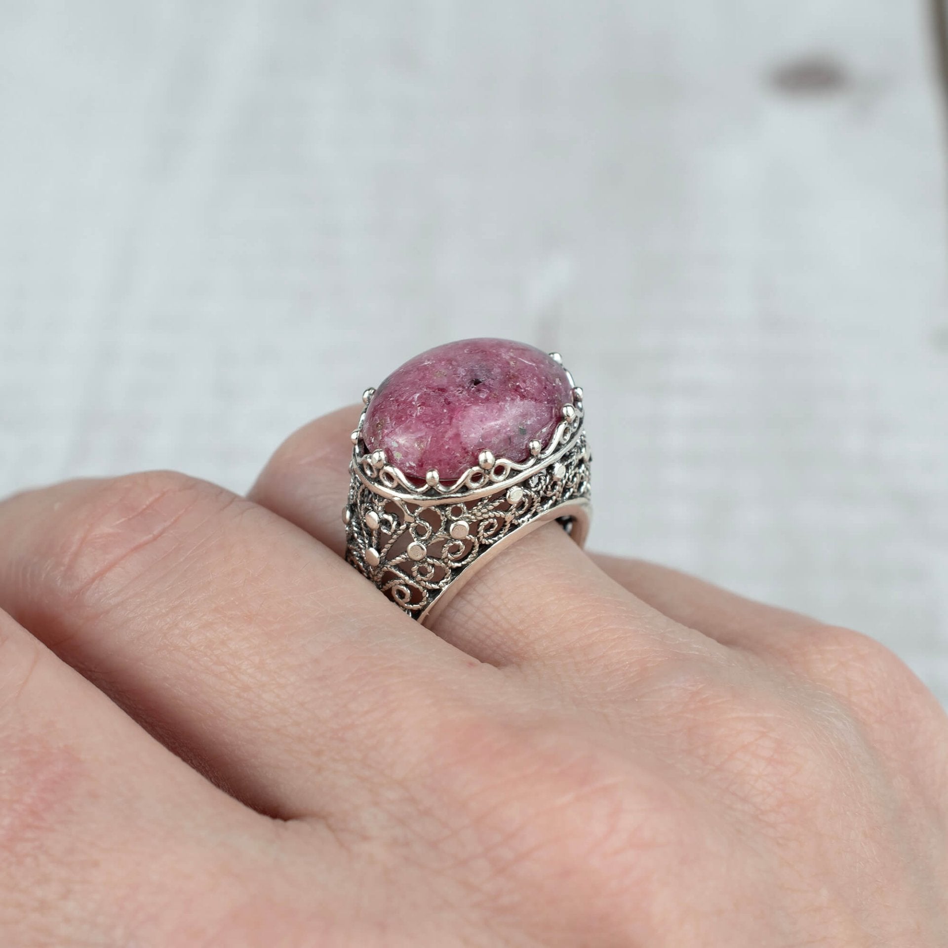 Filigree Art Rhodonite Gemstone Women Silver Dome Statement Ring - Drakoi Marketplace