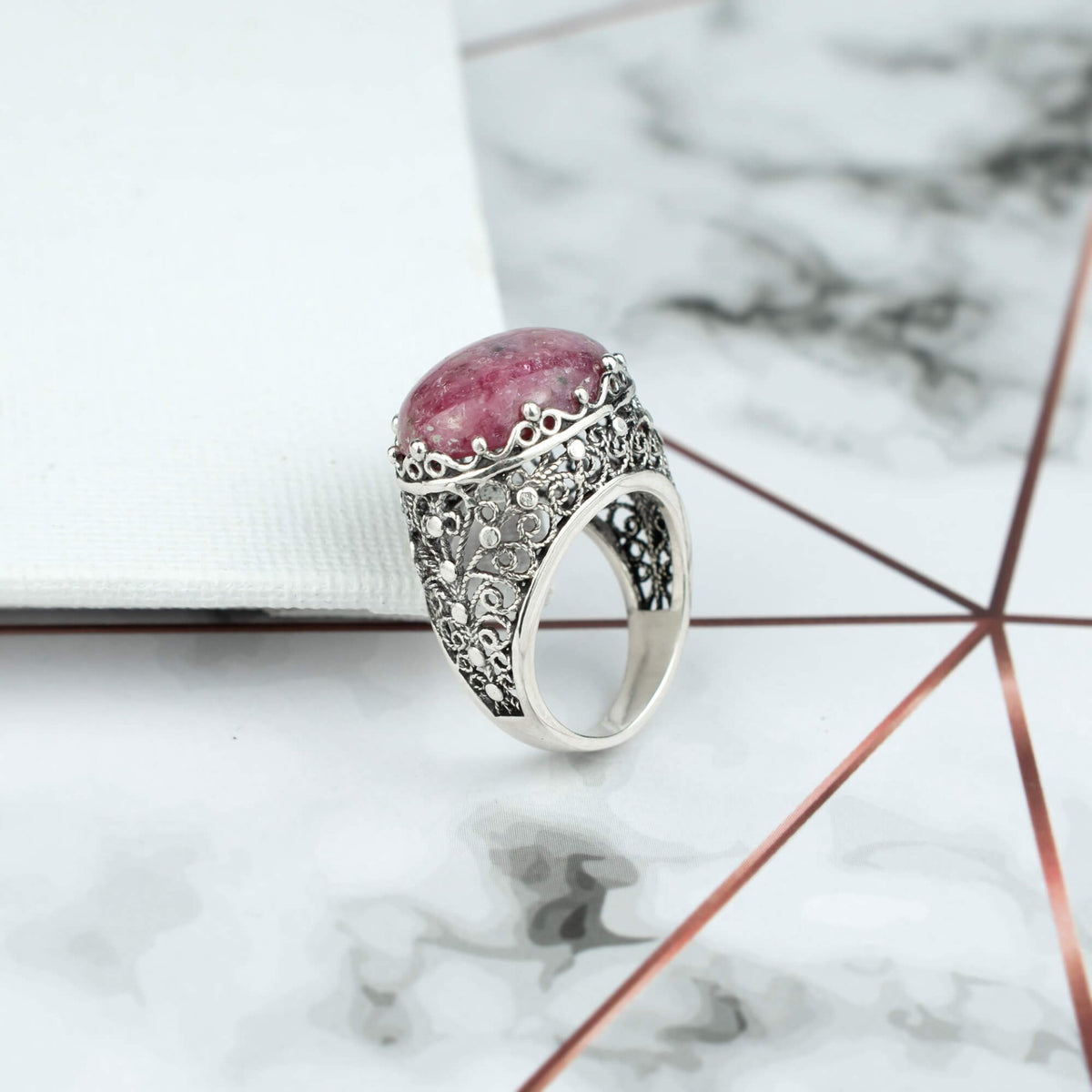 Filigree Art Rhodonite Gemstone Women Silver Dome Statement Ring - Drakoi Marketplace