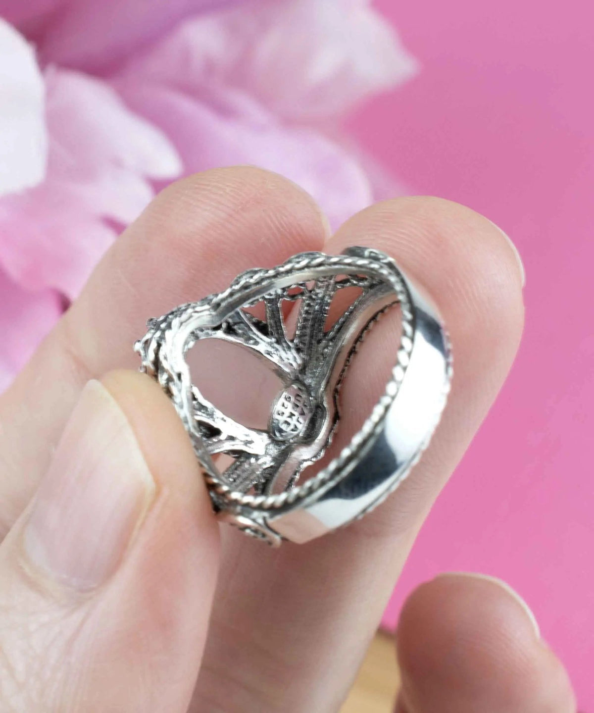 Filigree Art Rose Quartz Gemstone Angel Design Women Silver Cocktail Ring - Drakoi Marketplace