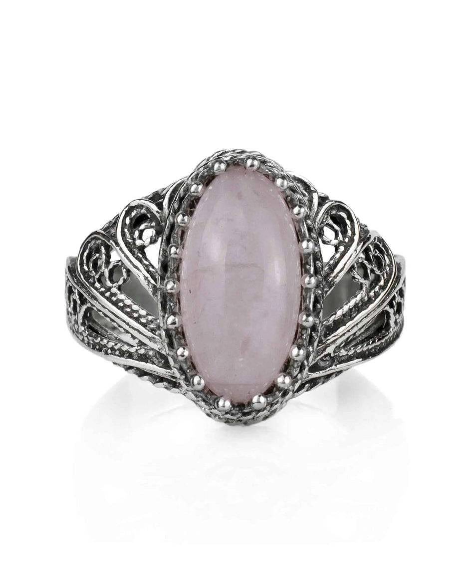 Filigree Art Rose Quartz Gemstone Angel Design Women Silver Cocktail Ring - Drakoi Marketplace