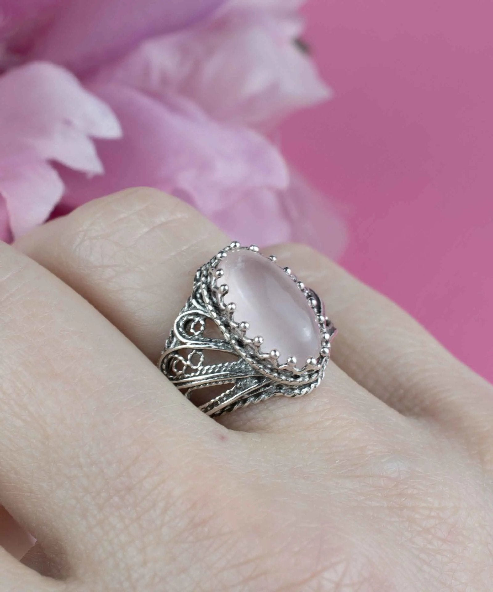 Filigree Art Rose Quartz Gemstone Angel Design Women Silver Cocktail Ring - Drakoi Marketplace