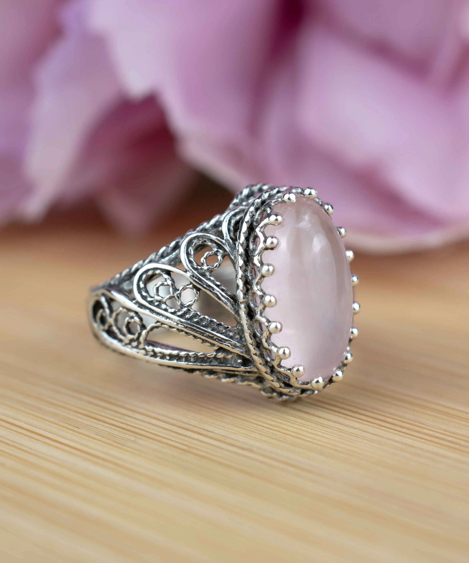 Filigree Art Rose Quartz Gemstone Angel Design Women Silver Cocktail Ring - Drakoi Marketplace