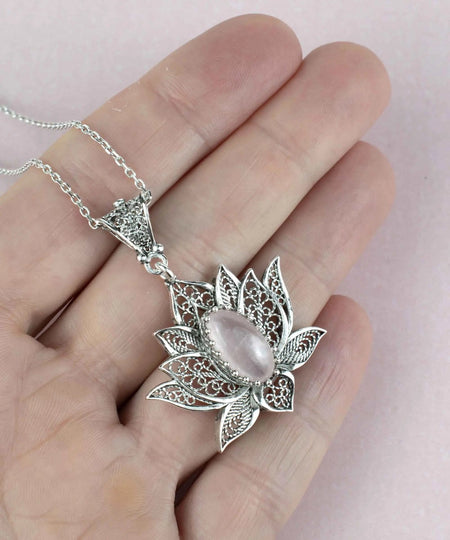 Filigree Art Rose Quartz Gemstone Blossoming Lotus Flower Women Silver Pendant Necklace - Drakoi Marketplace