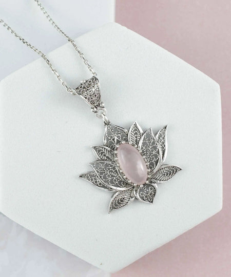 Filigree Art Rose Quartz Gemstone Blossoming Lotus Flower Women Silver Pendant Necklace - Drakoi Marketplace