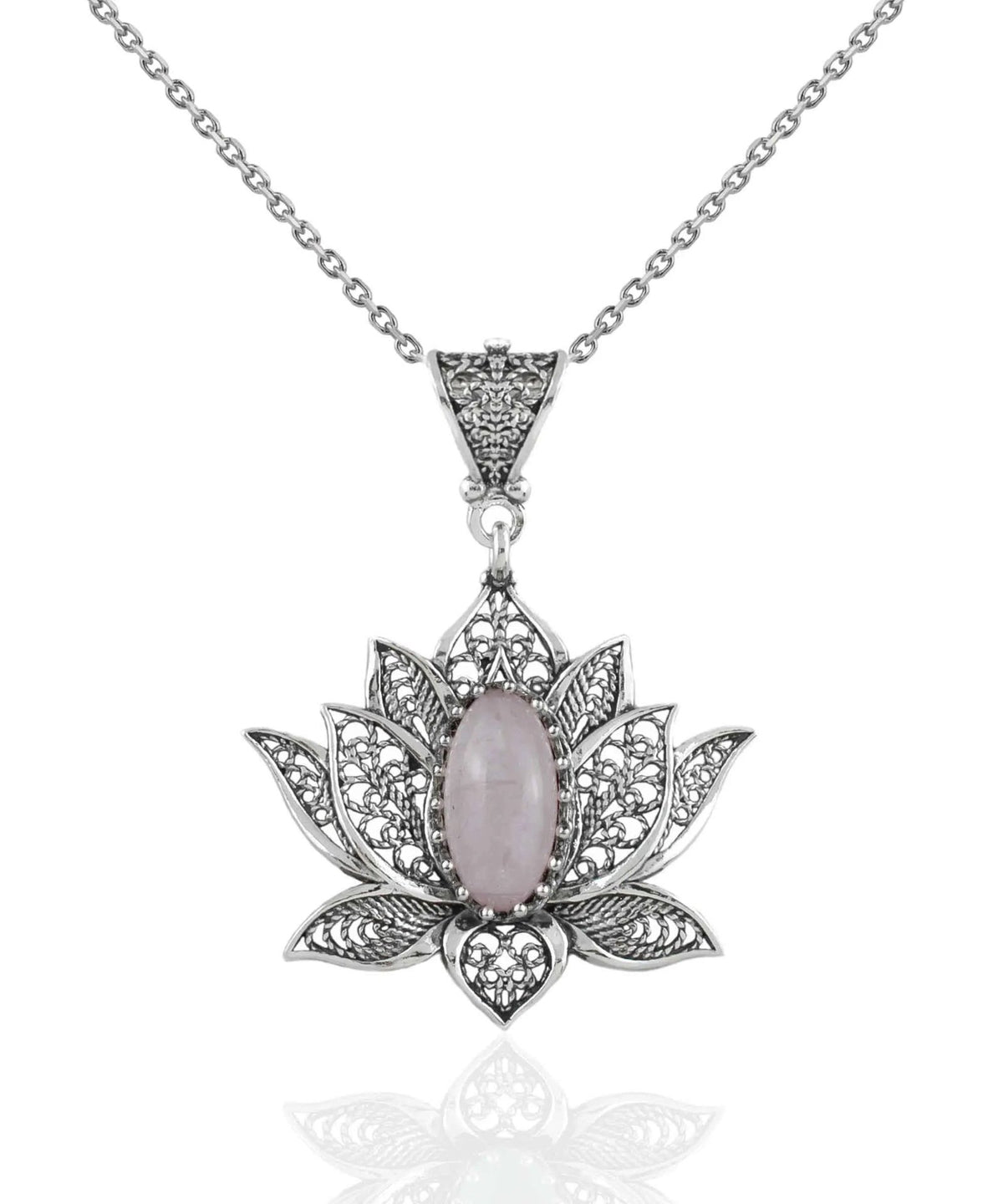 Filigree Art Rose Quartz Gemstone Blossoming Lotus Flower Women Silver Pendant Necklace - Drakoi Marketplace