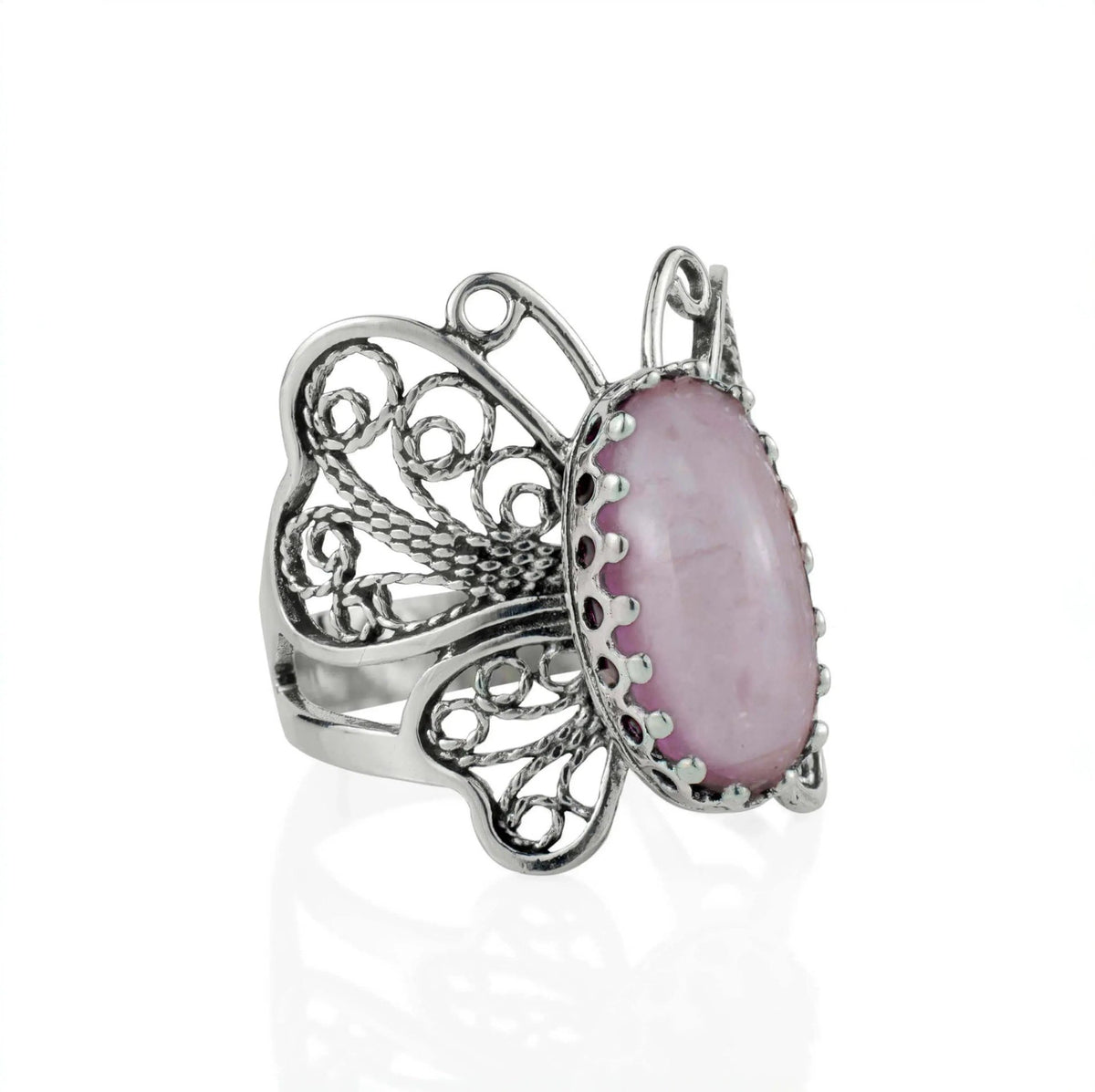 Filigree Art Rose Quartz Gemstone Butterfly Design Women Silver Cocktail Ring - Drakoi Marketplace