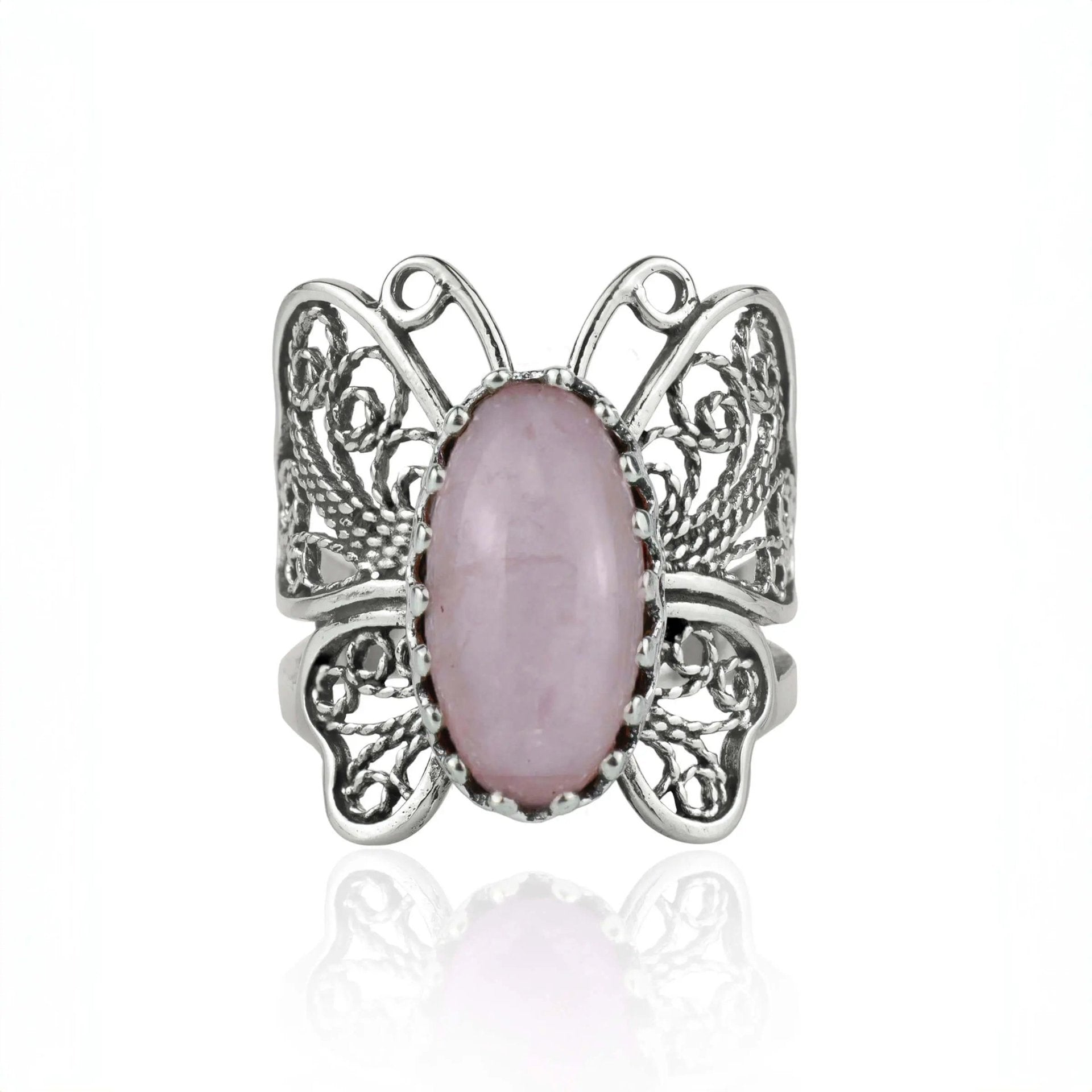 Filigree Art Rose Quartz Gemstone Butterfly Design Women Silver Cocktail Ring - Drakoi Marketplace