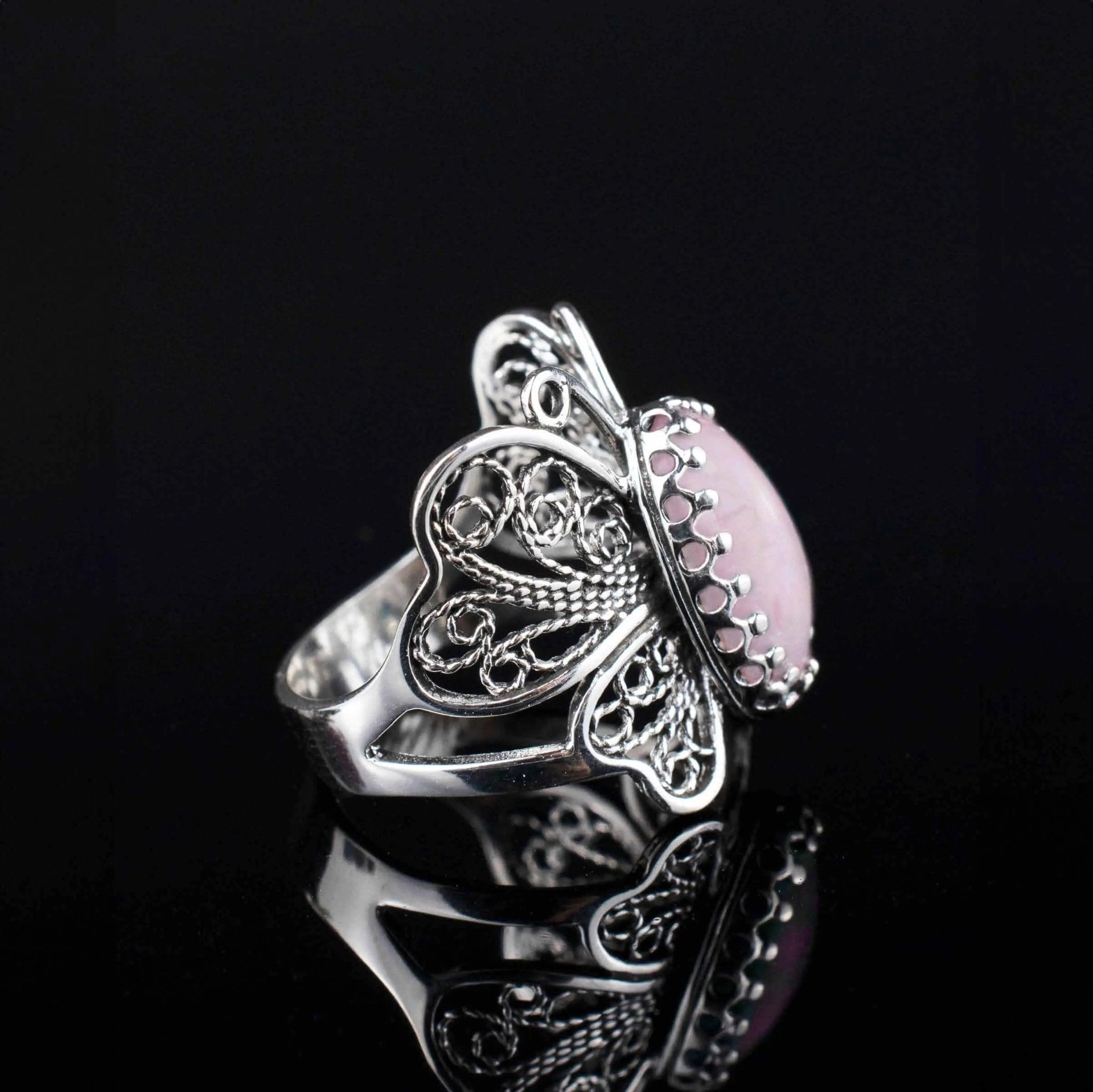 Filigree Art Rose Quartz Gemstone Butterfly Design Women Silver Cocktail Ring - Drakoi Marketplace