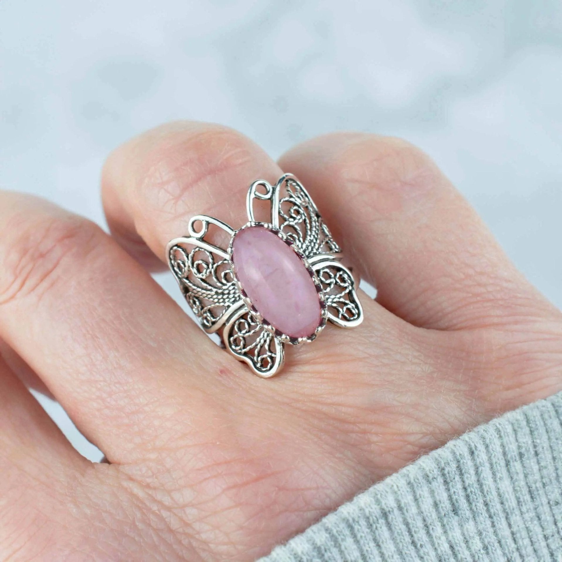 Filigree Art Rose Quartz Gemstone Butterfly Design Women Silver Cocktail Ring - Drakoi Marketplace