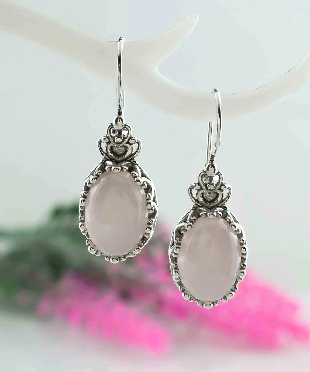 Filigree Art Rose Quartz Gemstone Crown Figured Women Silver Oval Drop Earrings - Drakoi Marketplace