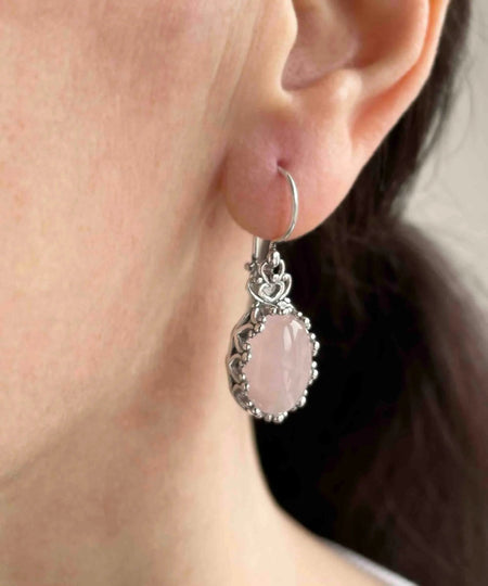 Filigree Art Rose Quartz Gemstone Crown Figured Women Silver Oval Drop Earrings - Drakoi Marketplace