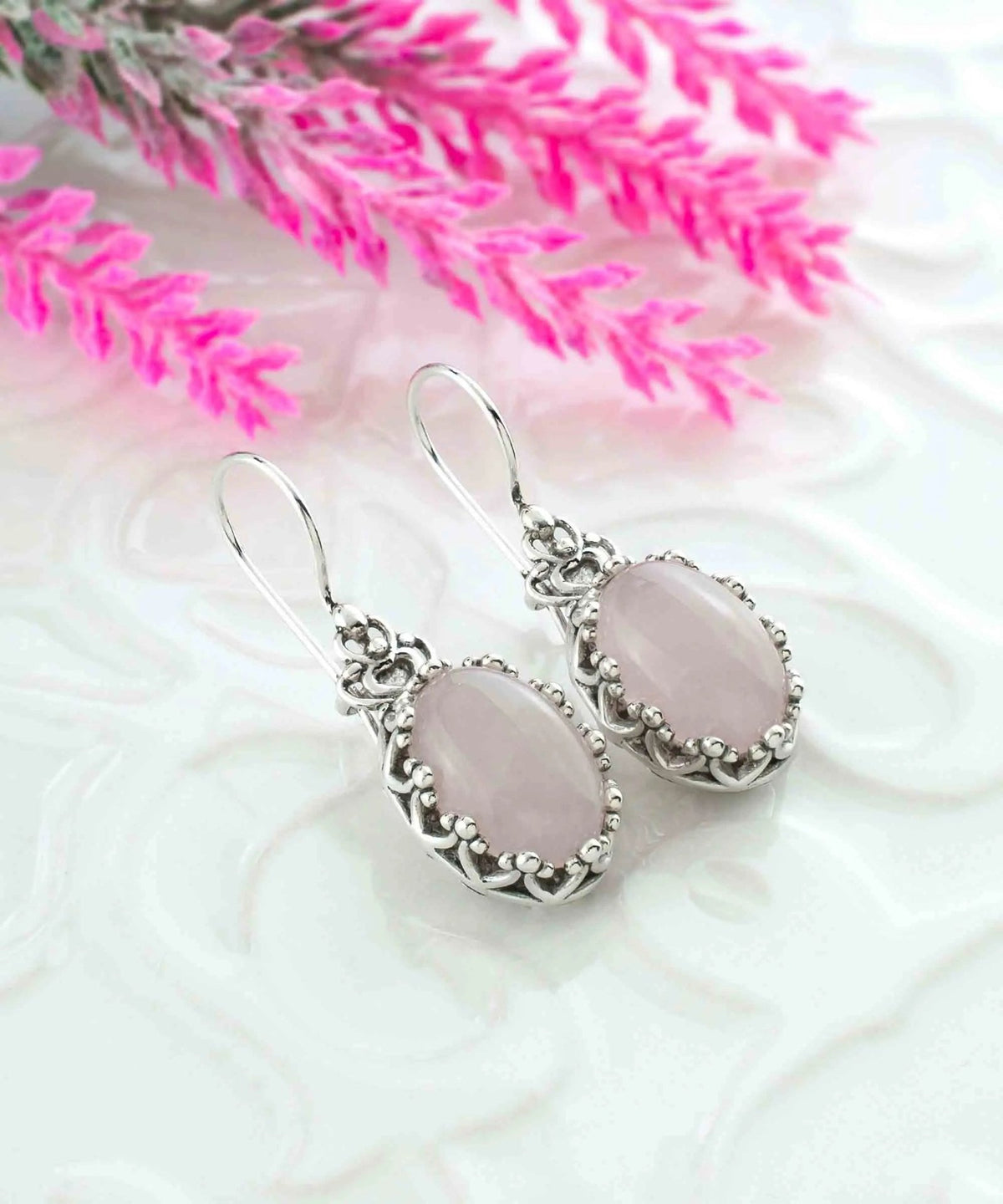 Filigree Art Rose Quartz Gemstone Crown Figured Women Silver Oval Drop Earrings - Drakoi Marketplace