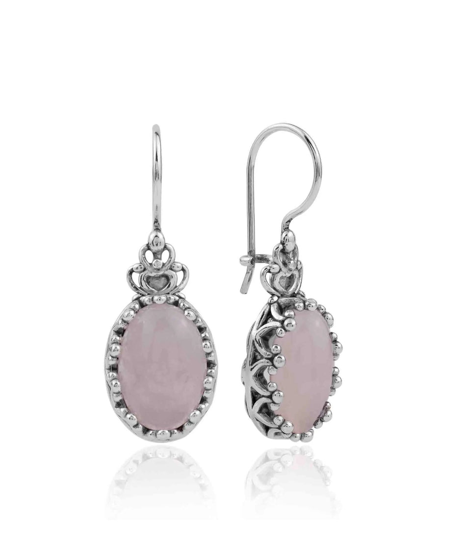 Filigree Art Rose Quartz Gemstone Crown Figured Women Silver Oval Drop Earrings - Drakoi Marketplace