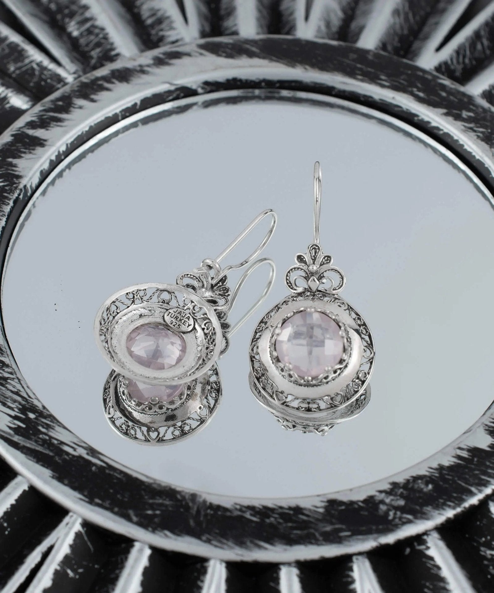 Filigree Art Rose Quartz Gemstone Floral Design Women Silver Drop Earrings - Drakoi Marketplace