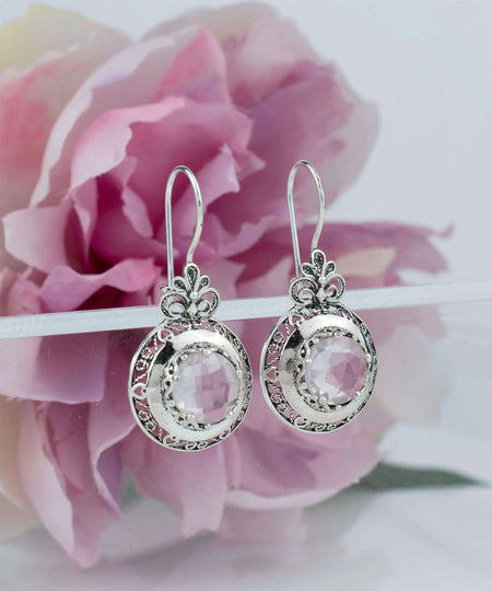 Filigree Art Rose Quartz Gemstone Floral Design Women Silver Drop Earrings - Drakoi Marketplace