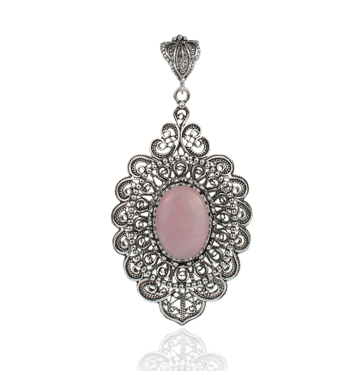 Filigree Art Rose Quartz Gemstone Floral Figured Women Silver Oval Pendant Necklace - Drakoi Marketplace