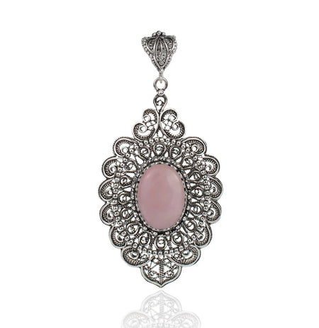 Filigree Art Rose Quartz Gemstone Floral Figured Women Silver Oval Pendant Necklace - Drakoi Marketplace