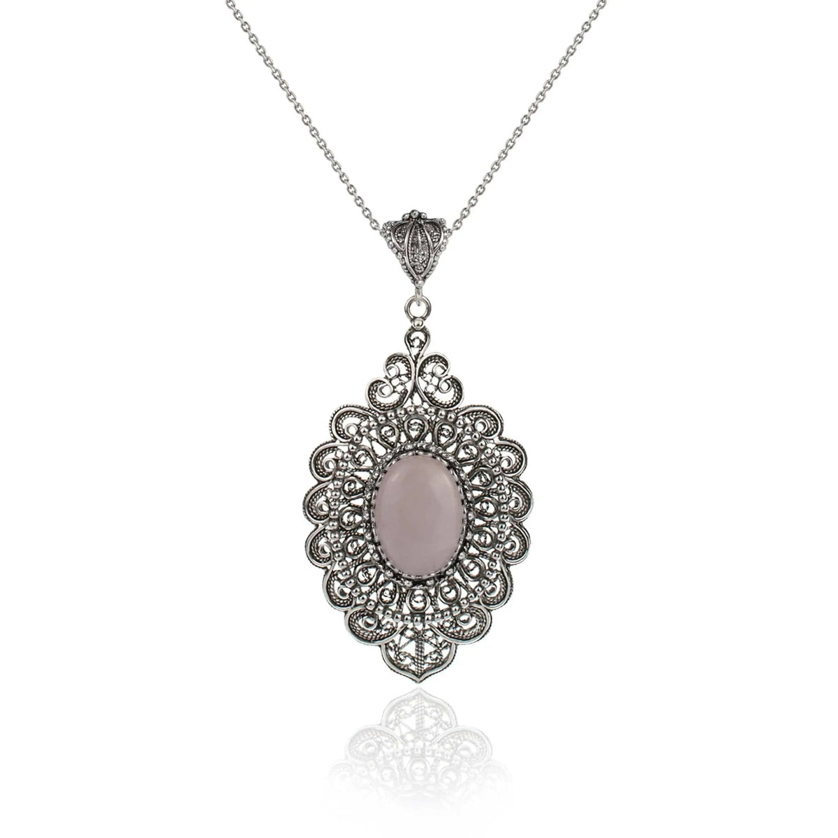 Filigree Art Rose Quartz Gemstone Floral Figured Women Silver Oval Pendant Necklace - Drakoi Marketplace