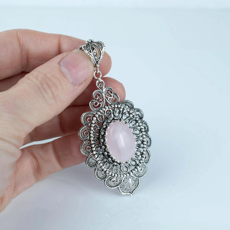 Filigree Art Rose Quartz Gemstone Floral Figured Women Silver Oval Pendant Necklace - Drakoi Marketplace