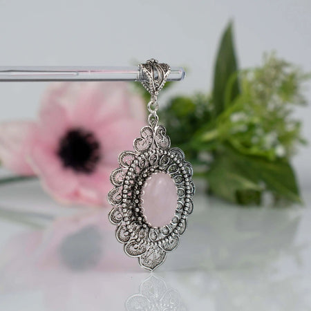 Filigree Art Rose Quartz Gemstone Floral Figured Women Silver Oval Pendant Necklace - Drakoi Marketplace