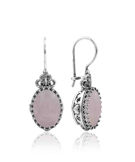 Filigree Art Rose Quartz Gemstone Heart Detailed Women Silver Oval Drop Earrings - Drakoi Marketplace