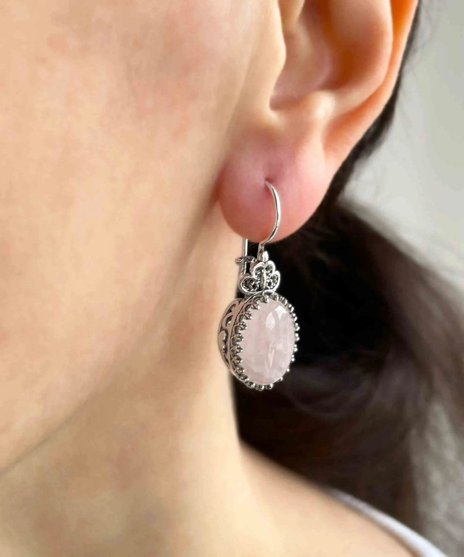 Filigree Art Rose Quartz Gemstone Heart Detailed Women Silver Oval Drop Earrings - Drakoi Marketplace