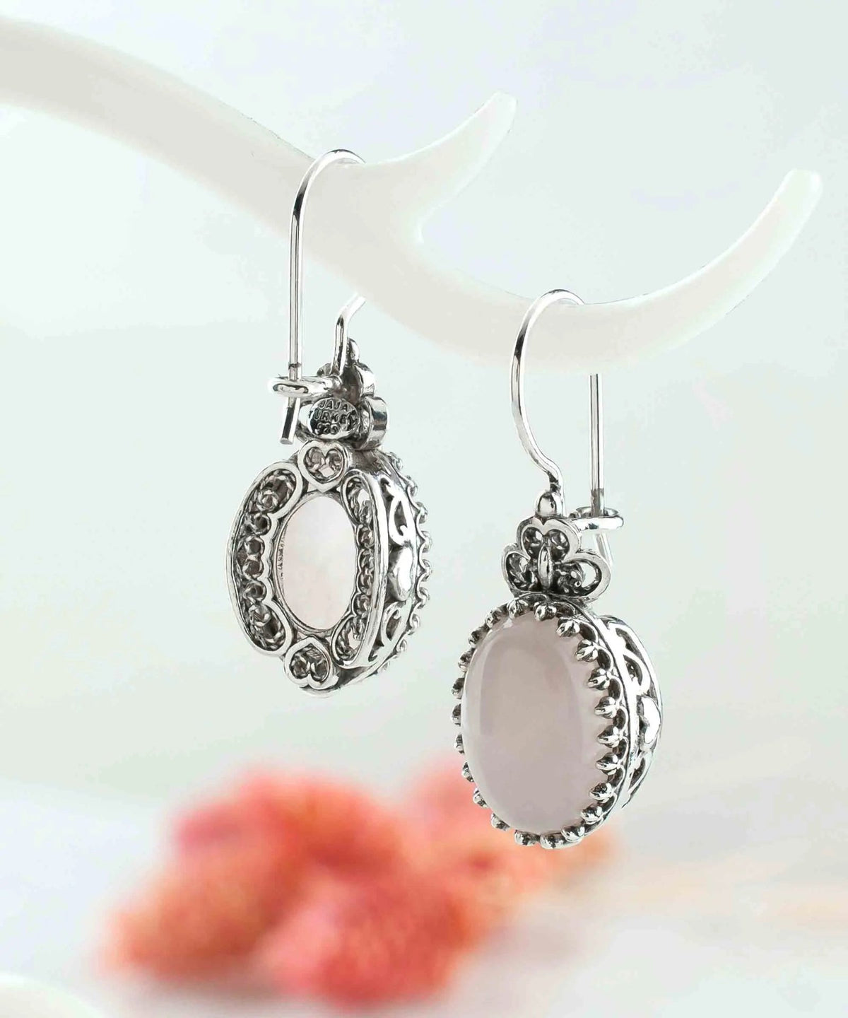 Filigree Art Rose Quartz Gemstone Heart Detailed Women Silver Oval Drop Earrings - Drakoi Marketplace