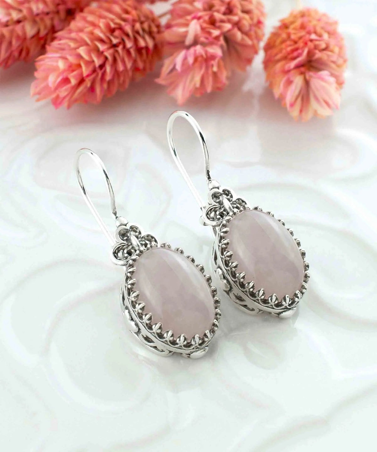 Filigree Art Rose Quartz Gemstone Heart Detailed Women Silver Oval Drop Earrings - Drakoi Marketplace