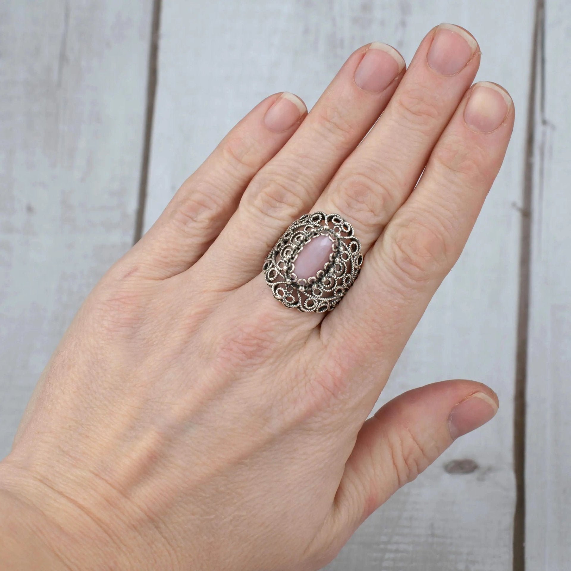 Filigree Art Rose Quartz Gemstone Lace Detailed Women Silver Statement Ring - Drakoi Marketplace