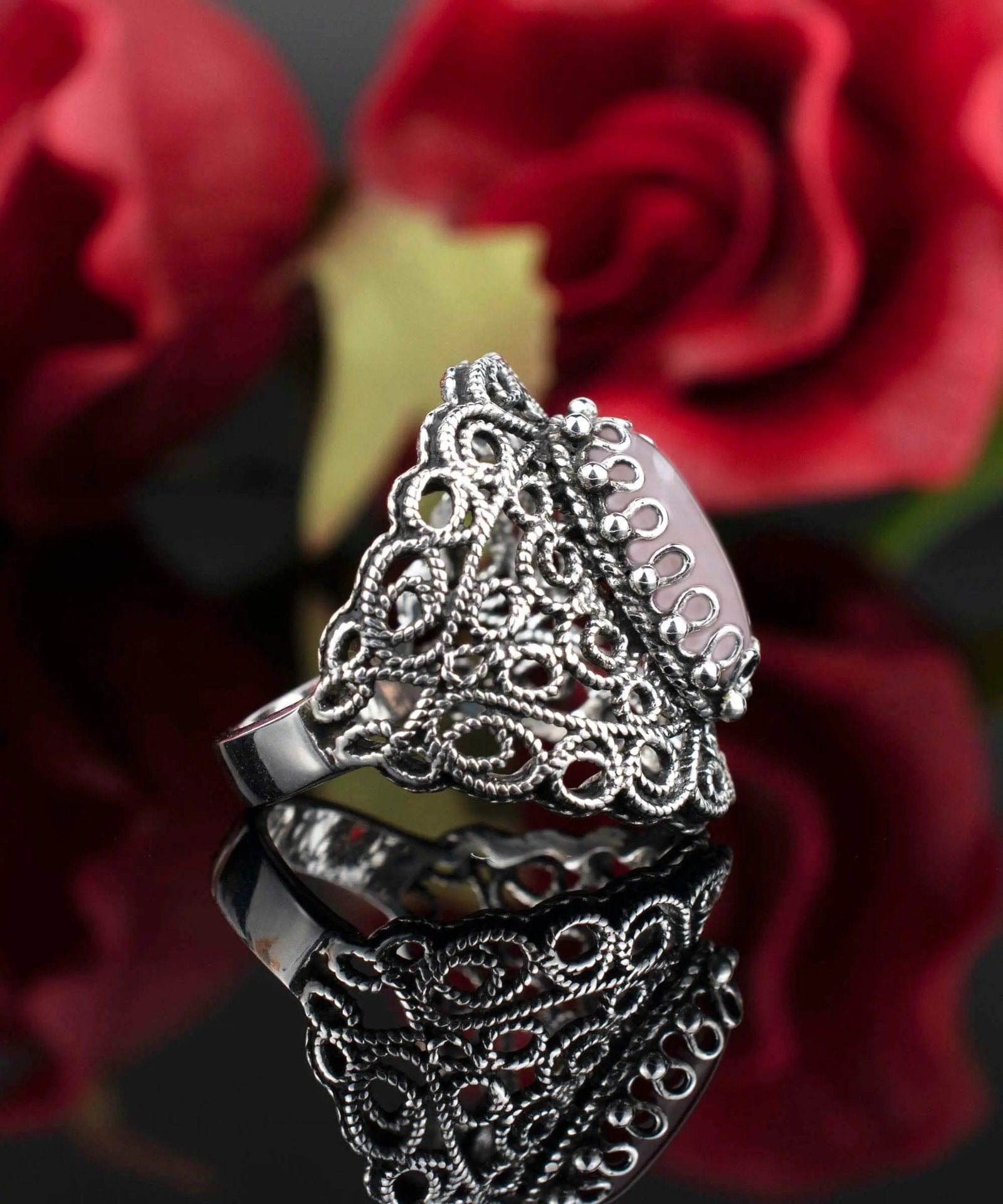 Filigree Art Rose Quartz Gemstone Lace Detailed Women Silver Statement Ring - Drakoi Marketplace