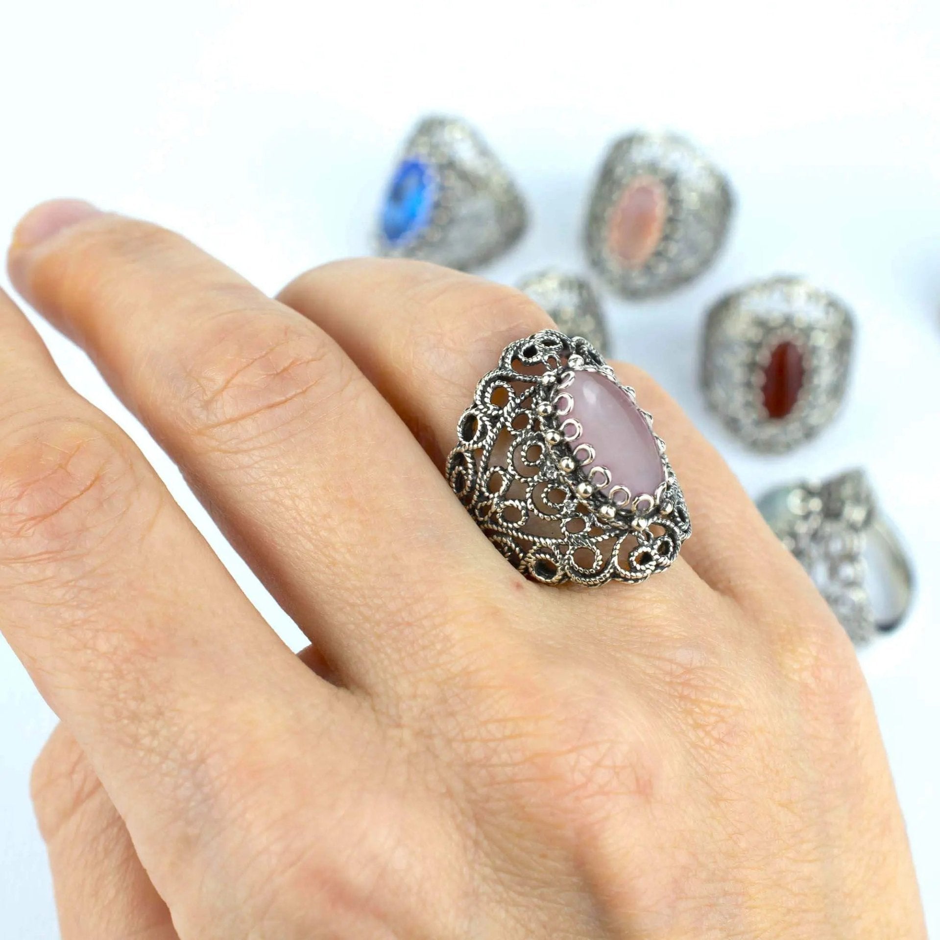 Filigree Art Rose Quartz Gemstone Lace Detailed Women Silver Statement Ring - Drakoi Marketplace