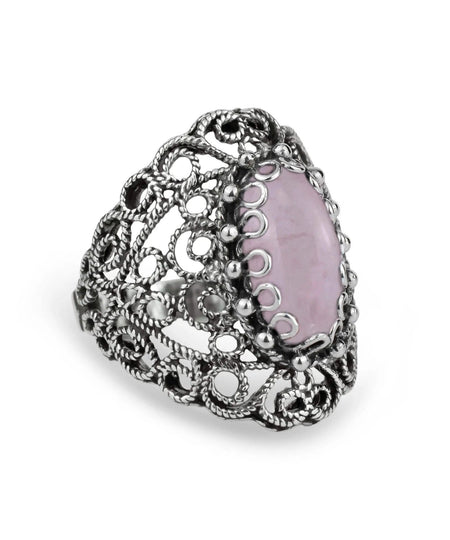 Filigree Art Rose Quartz Gemstone Lace Detailed Women Silver Statement Ring - Drakoi Marketplace