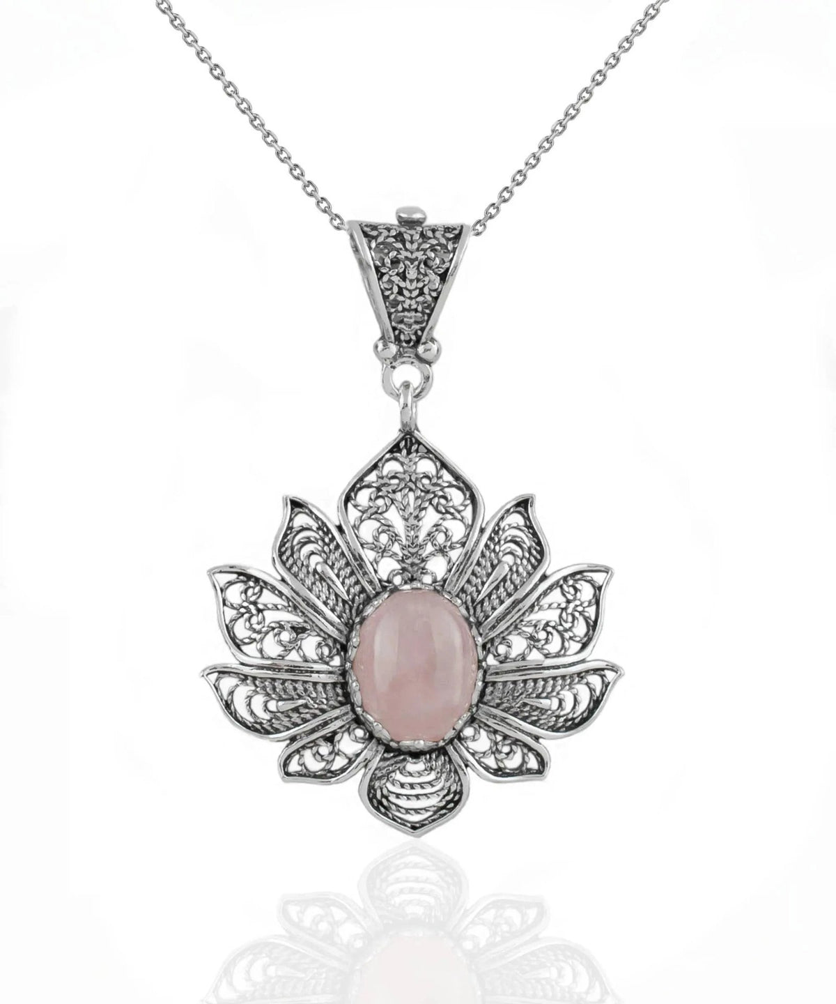 Filigree Art Rose Quartz Gemstone Lotus Flower Women Silver Pendant Necklace - Drakoi Marketplace