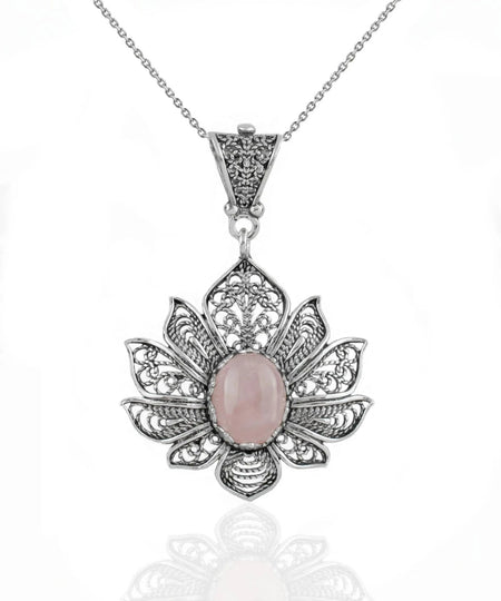 Filigree Art Rose Quartz Gemstone Lotus Flower Women Silver Pendant Necklace - Drakoi Marketplace